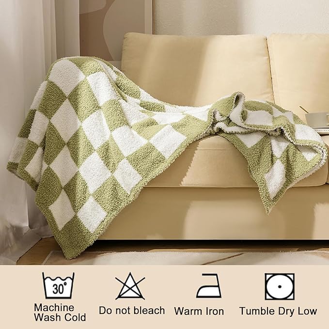 MorroMorn Checkered Blanket for Couch Bed Sofa Chair, Green Throw Blanket 2-Layers Soft Cozy Fleece Plaid Blankets Checkerboard Grid - Fluffy Fuzzy Plush Warm Home Decor, 60x80 inches
