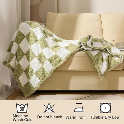MorroMorn Checkered Throw Blanket for Couch, Green Throw Blanket 2-Layers Soft Cozy Fleece Plaid Blankets Checkerboard Grid - Fluffy Fuzzy Plush Warm for Sofa Chair Bed Decor Gifts, 50x60 inches