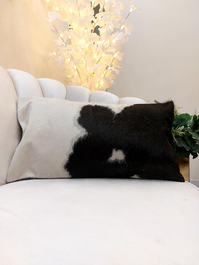 NGF Genuine Cowhide Lumber Pillows Cushion Cover - Leather Hair on 12' x 22' Throw Pillow - Handmade Leather Cushion Case with Hidden Zipper for The Living Room (Black & White, 12" x 22" Inches)