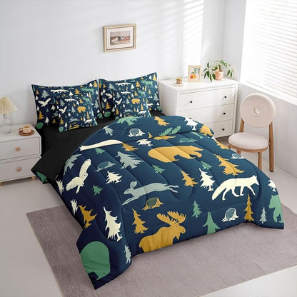 Feelyou Bear Comforter Set Full Size 7 Pcs Woodland Fox Deer Comforter Bed in a Bag Cabin Lodge Farmhouse Bedding Set for Boys Girls Rustic Wild Animal Bed Set with Sheets, Pillowcases, Pillow Covers