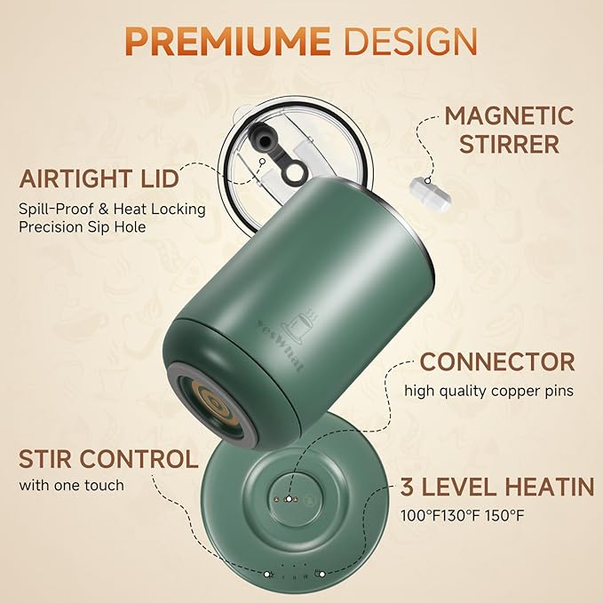 Self Stirring Heated Coffee Mug 11oz, Electric Temperature Control Mug with Auto Shut-Off, Stainless Steel Smart Coffee Cup Warmer with Detachable Heating Base for Study, Campus & Daily Use (Green)