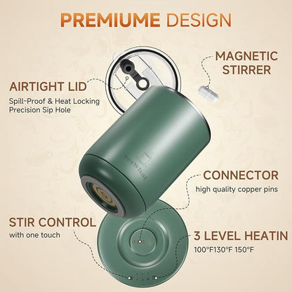 Self Stirring Heated Coffee Mug 11oz, Electric Temperature Control Mug with Auto Shut-Off, Stainless Steel Smart Coffee Cup Warmer with Detachable Heating Base for Study, Campus & Daily Use (Green)