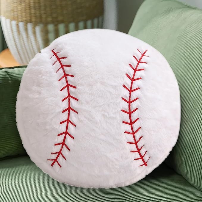 Baseball Pillow, 2 Pcs Baseball Plush Pillow Soft Fluffy Round Stuffed Sports Throw Pillows, Baseball Shaped Decorative Throw Pillow for Sofa, Bedroom, Sports Room, Home Decor Gifts 15.7"