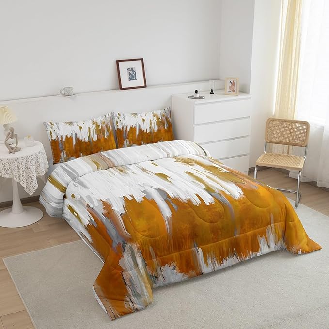Orange Comforter Set Full Gradient Stripe Bedding Set, Modern Oil Painting Graffiti Bedding Comforter Sets Watercolor Abstract Artwork Duvet Set, Aesthetic Chic Vintage Quilted Comforter Lightweight