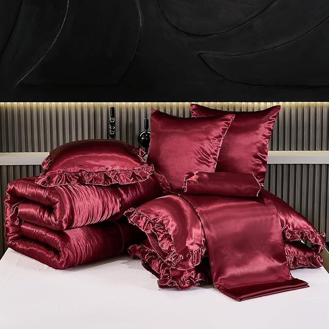 Silk Like Satin Comforter Set with Sheet Set Queen 8 Pcs Burgundy Satin Bedding Set Silky Ruffle Pattern Home Deocr Luxury Hotel Silky Bed in a Bag with 1 Cushion Cover