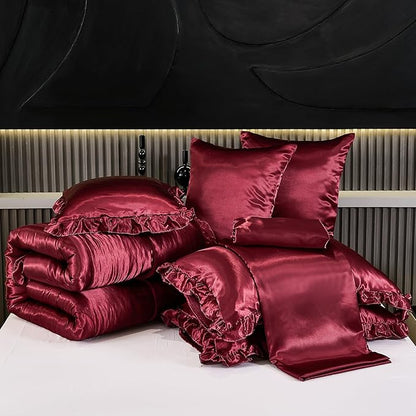 Silk Like Satin Comforter Set with Sheet Set King 8 Pcs Burgundy Satin Bedding Set Silky Ruffle Pattern Home Deocr Luxury Hotel Silky Bed in a Bag with 1 Cushion Cover