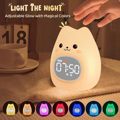Cat Alarm Clock with Night Light for Kids with Sleep Training and Sound Machine, Rechargeable Silicone Lamp OK to Wake Clock，Cute Animal Tabletop Lamp, Perfect Sleep Companion for Boys Girls