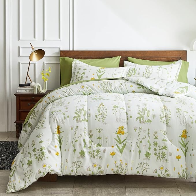 Joyreap 7 Piece Botanical Bed in a Bag Queen, Green Leaves Yellow Flower on Green Tint, Smooth Soft Microfiber Comforter Sheet Set for All Season