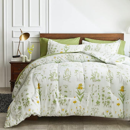 Joyreap 7 Piece Botanical Bed in a Bag Queen, Green Leaves Yellow Flower on Green Tint, Smooth Soft Microfiber Comforter Sheet Set for All Season