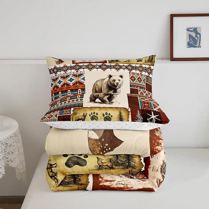 Erosebridal Rustic Cabin Comforter Set Boho Aztec Quilt,Woodland Animals Bear Moose Elk Deer Bedding Sets Twin,Tribal Geometric Diamond Duvet Insert Vintage Country Cottage Farmhouse Decor