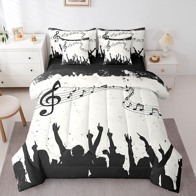 Erosebridal Music Stave Note Black Beige King 7-Piece Comforter Set | Swirl Guitar Piano Sheets and Pillowcases Aesthetic Kids Bed in A Bag Adults Women Men Bed Sets