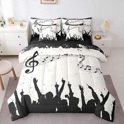 Erosebridal Music Stave Note Black Beige King 7-Piece Comforter Set | Swirl Guitar Piano Sheets and Pillowcases Aesthetic Kids Bed in A Bag Adults Women Men Bed Sets