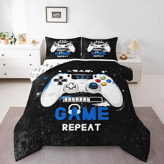 jejeloiu Eat Sleep Game Bedding Set Toddle Size Cartoon Gamer Comforter Set for Kids Boys Girls Modern Game Duvet Set Black Blue Quilt Set 2Pcs