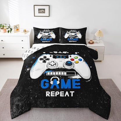 jejeloiu Eat Sleep Game Bedding Set Toddle Size Cartoon Gamer Comforter Set for Kids Boys Girls Modern Game Duvet Set Black Blue Quilt Set 2Pcs