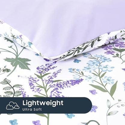 Wake In Cloud - Floral Comforter Set, Shabby Chic Cottage Garden Botanical Flower Style with Elegant Wildflower Pattern, Soft Lightweight Bedding, 3 Pieces, Purple White, Full Size