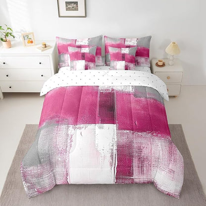 Erosebridal Pink White Grey Bedding King Size 7pcs Oil Painting Comforter Set, Tie Dye Bed in a Bag Ombre Bedding Comforter Sets with Flat Sheet, Fitted Sheet, Pillowcases, Throw Pillow Covers