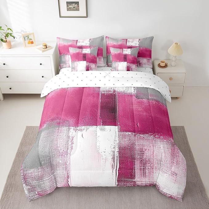 Erosebridal Pink White Grey Bedding Full Size 7pcs Oil Painting Comforter Set, Tie Dye Bed in a Bag Ombre Bedding Comforter Sets with Flat Sheet, Fitted Sheet, Pillowcases, Throw Pillow Covers