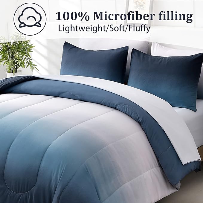 Gradient Blue White Comforter Set King Size 7 Pieces Ombre Navy Blue Bed in a Bag Complete Bedding Set - Breathable Solid Ocean Sea Blue Bed Sets with Flat/Fitted Sheet, 2 Pillowcases, 2 Pillow Shams