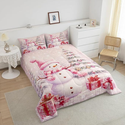 Castle Fairy Pink Christmas Snowman Boys Kids Comforter Set Full Size,Xmas Tree Gift Duvet Set Room Decor,Merry Christmas Brushed Microfiber Soft Bedding Comforter