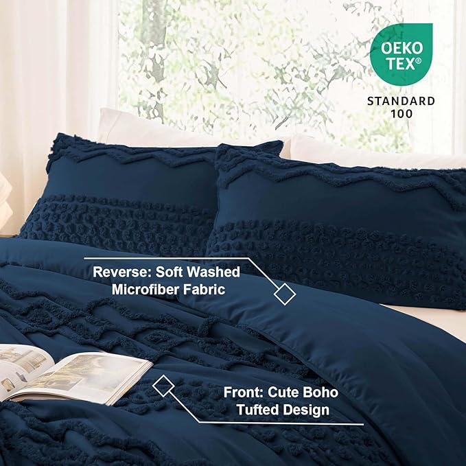 Luxudecor Navy Blue Boho Tufted Comforter Set Full Size 3 Pieces Boho Shabby Chic Comforter Farmhouse Embroidery Bedding Set Soft Comforter for All Seasons (Navy Blue, 80''x90'')