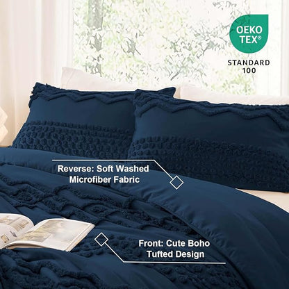 Luxudecor Navy Blue Boho Tufted Comforter Set Full Size 3 Pieces Boho Shabby Chic Comforter Farmhouse Embroidery Bedding Set Soft Comforter for All Seasons (Navy Blue, 80''x90'')