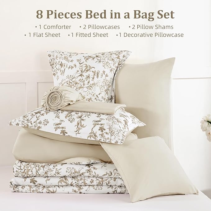 WONGS BEDDING Comforter Set King Size, 8 Pieces Brown Floral Botanical Comforter Sets, Bed in a Bag Soft Lightweight Microfiber Bedding Sets for All Seasons (90"x104")