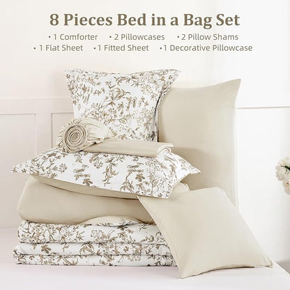 WONGS BEDDING Comforter Set King Size, 8 Pieces Brown Floral Botanical Comforter Sets, Bed in a Bag Soft Lightweight Microfiber Bedding Sets for All Seasons (90"x104")