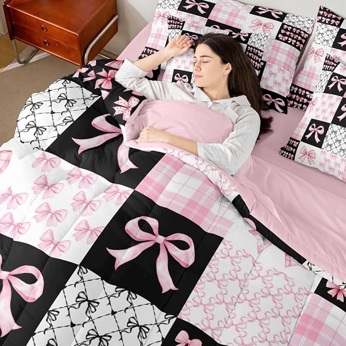 Feelyou Black Pink Bow Comforter Set with Sheets 7 Piece King Size Princess Bow Bedding Set for Kids Boys Girls Cute Bowknot Bed in a Bag Kawaii Room Decor Soft Lightweight Microfiber