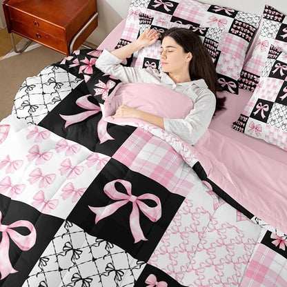 Feelyou Black Pink Bow Comforter Set with Sheets 7 Piece King Size Princess Bow Bedding Set for Kids Boys Girls Cute Bowknot Bed in a Bag Kawaii Room Decor Soft Lightweight Microfiber