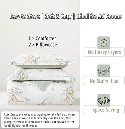 White Cotton Comforter Queen Size 3Pcs - Blue Branches & Orange and Green Buds on White, Chevron Sage Green Back, Reversible Lightweight Bedding Sets with Soft Fill(Queen, 90"×90")