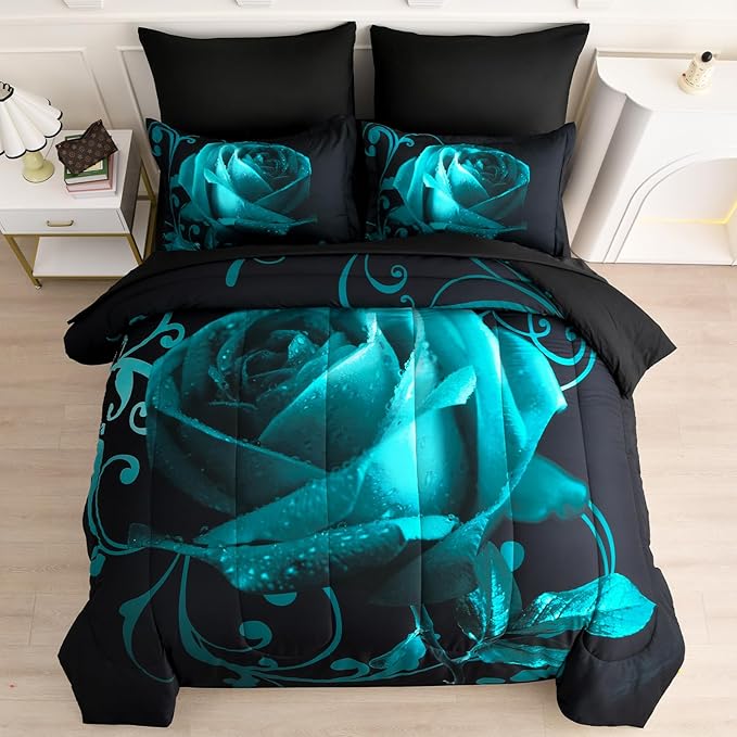 WONGS BEDDING Teal Green Comforter Set Queen, Reversible Rose 7 Pieces Bed in a Bag, Lightweight Soft Microfiber Bedding Sets with Flat Sheet, Fitted Sheet, Pillowcases & Shams