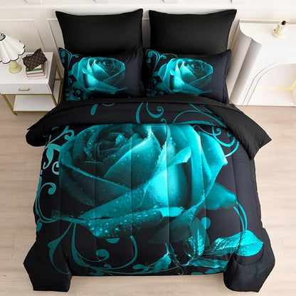 WONGS BEDDING Teal Green Comforter Set Queen, Reversible Rose 7 Pieces Bed in a Bag, Lightweight Soft Microfiber Bedding Sets with Flat Sheet, Fitted Sheet, Pillowcases & Shams
