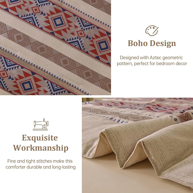 Anibedding Queen Comforter Set 7 Pieces Light Khaki Brown Bedding Comforter Set, Boho Aztec Bed in a Bag Soft Microfiber Bed Set with Sheets, Pillowcases & Shams