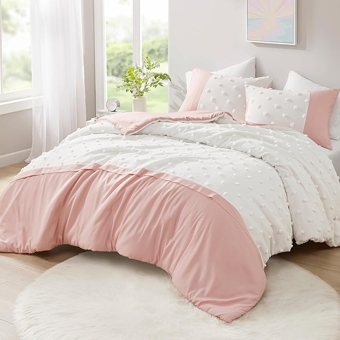Intelligent Design Queen Duvet Cover Set - Clipped Jacquard Pompom Boho Bedding for Girls & Boys, Microfiber, Shay, Full/Queen, Pink, 3 Piece