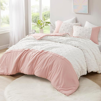Intelligent Design Queen Duvet Cover Set - Clipped Jacquard Pompom Boho Bedding for Girls & Boys, Microfiber, Shay, Full/Queen, Pink, 3 Piece