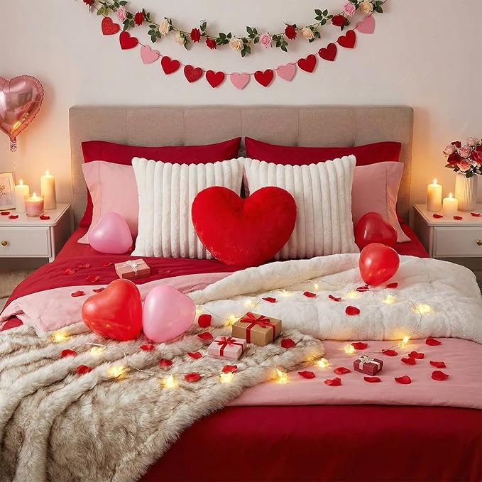 Leinuosen Set of 3 Valentine's Day Decor Heart Red Throw Pillow and 18 in Pillows Covers Faux Fur Decorative Heart Shaped Pillow Furry Stripe Pillowcase for Valentine Bed Couch Living Room Home Decor