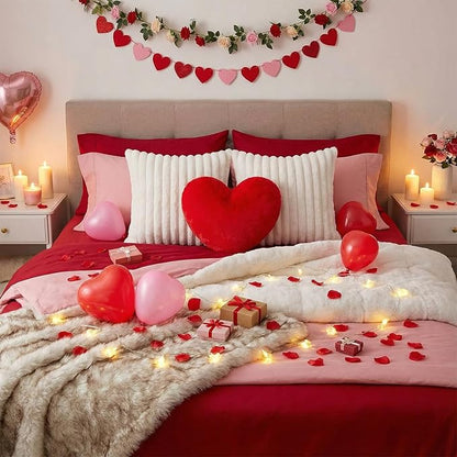 Leinuosen Set of 3 Valentine's Day Decor Heart Red Throw Pillow and 18 in Pillows Covers Faux Fur Decorative Heart Shaped Pillow Furry Stripe Pillowcase for Valentine Bed Couch Living Room Home Decor