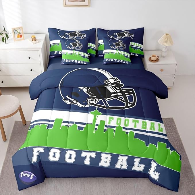 Erosebridal Football City 7 Pcs Comforter Set King Football Bedding Boys Girls Green Blue Rugby Game Sheet Set Bed in A Bag Football Fans Bedroom Decor Sports Ball Competition Quilt