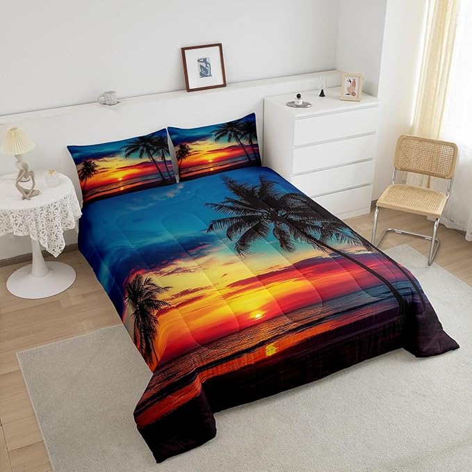 Erosebridal Palm Leaf Comforter Set Full Size, Ocean Beach Down Comforter, Nature Theme Duvet Set, Sunset Bedding Set for Bedroom Decorative, Hawaiian Quilted Duvet, Soft Bedding Collection