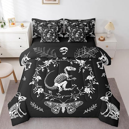 Dinosaur Skeleton Comforter Set King,Gothic Animals Butterfly Bed Sets 7 Pieces with 1 Comforter,2 Pillowcases,2 Pillow Covers,1 Flat Sheet,1 Fitted Sheet,Exotic Boho Flowers Leaves Bedding Set