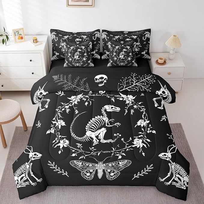 Dinosaur Skeleton Bed Sets in a Bag 7 Pcs,Gothic Animals Butterfly Kids Bedding Set,Exotic Boho Flowers Leaves Comforter with Fitted,Flat Sheet,Pillowcase,Pillow Covers,Queen Size