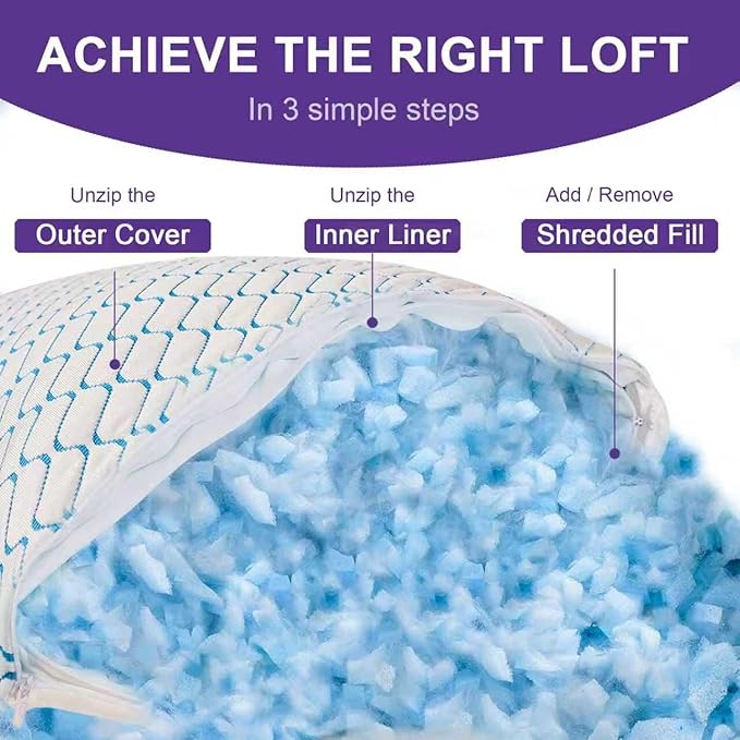 Memory Foam Pillows Standard Size Set of 2, Adjustable Cooling Firm Pillow for Side Back Stomach Sleepers with Washable Removable Cover