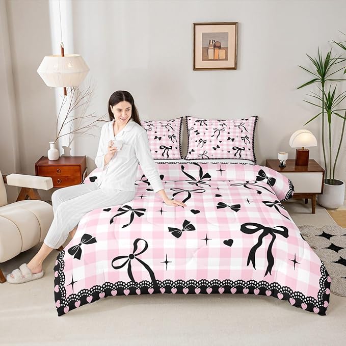 Black Bow Comforter Set King Size,Kids Girls Bowknot Bedding Set 3Pcs,White Pink Plaid Check Quilted Duvet for Teens Young Woman Room Decor,Sweet Love Lace Stripes Down Comforter,2 Pillowcases