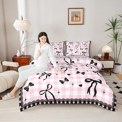 Black Bow Comforter Set King Size,Kids Girls Bowknot Bedding Set 3Pcs,White Pink Plaid Check Quilted Duvet for Teens Young Woman Room Decor,Sweet Love Lace Stripes Down Comforter,2 Pillowcases