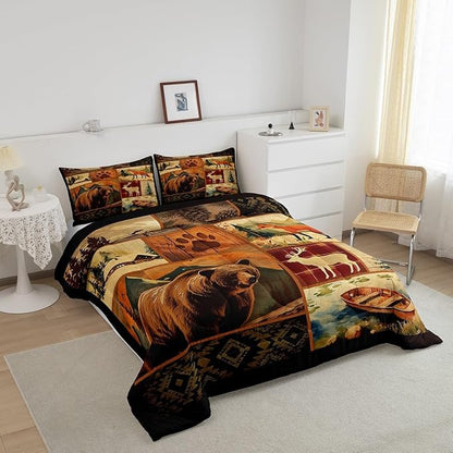 Feelyou Western Rustic Bear Comforter Set Twin Western Rustic Cabin Bedding Forest Animal Comforter Elk Wildlife Hunting Down Bear Deer Fox Patchwork Quilt Set Nordic Bedroom Decor