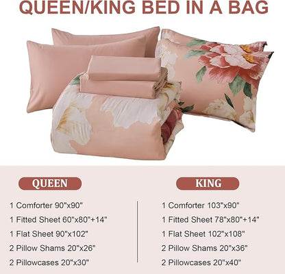 Dobuyly King Size Comforter Set Coral Pink 7 Piece Bed in a Bag, Pink Floral Bedding Set for Girls Women, Soft Microfiber Bed Set with Comforter, Sheets, Pillowcases & Shams