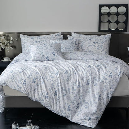 King Comforter Set Floral 3 Pieces Soft Cute Flower Bedding Comforter Sets Garden Style Blue Flower Print Botanical Comforter King for All Seasons 1 Comforter and 2 Pillowcases