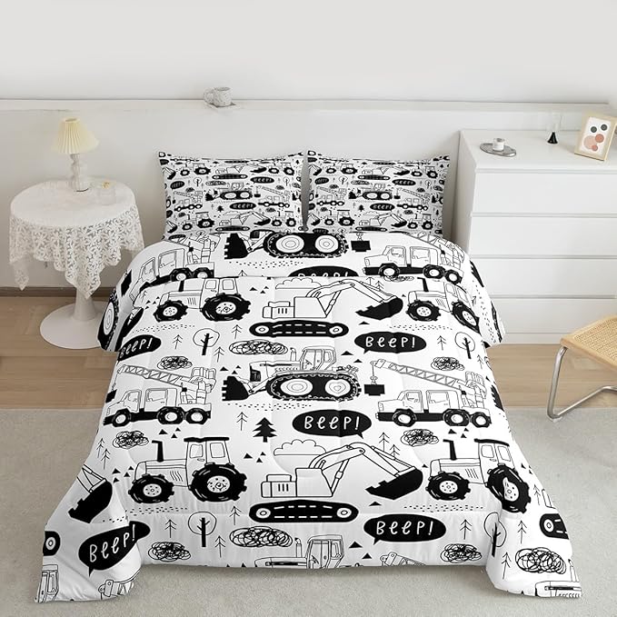 Cartoon Cars Kids Comforter Set King Size,Tractor Truck Excavator Toddler Bedding Set,Girls Boys Adults Room Decor,Construction Vehicles Down Comforter,Black White Chic Duvet Insert,2 Pillowcases