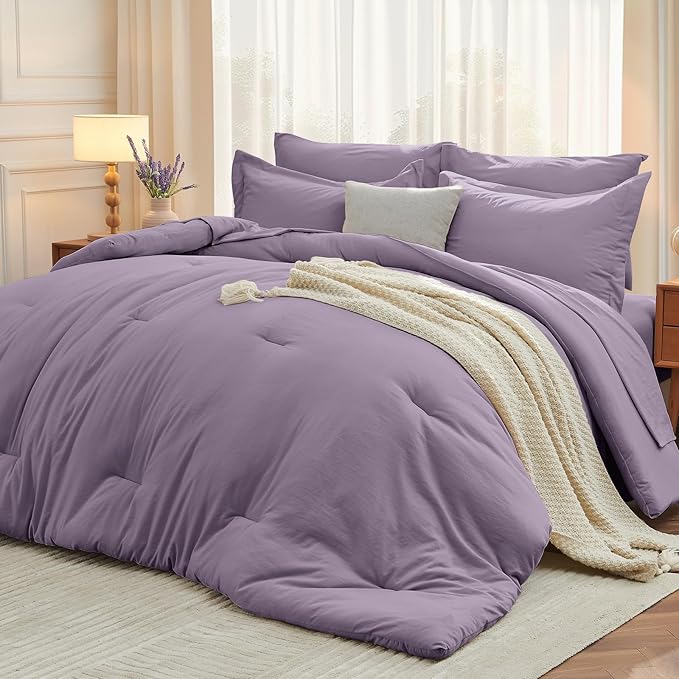 MUXHOMO 7 Pieces Queen Comforter Set, Soft Bed in a Bag Queen Size, All Season Bedding Set with Comforter, Flat Sheet, Fitted Sheet, Pillowcases & Shams, Greyish Purple
