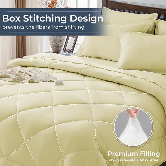 HEVUMYI Cream Yellow Full Comforter Set - 7-Piece All Season Bed in a Bag Full, Ultra Soft Bedding Set with Comforter, Flat Sheet, Fitted Sheet, Pillowcases, Pillow Shams